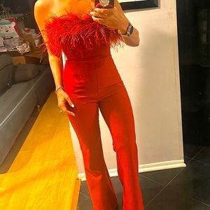 Preowned Kylan Burgundy Feather Jumpsuit